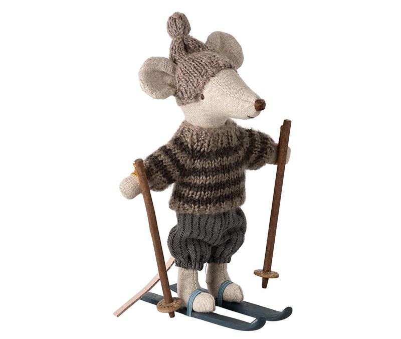 Maileg Winter Mouse with Ski Set, Big Brother-Grey