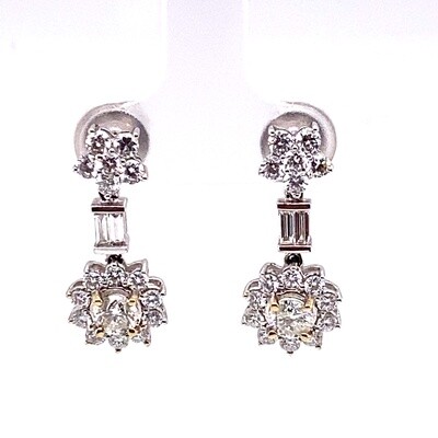 Ladies White Gold Baguette & Round Diamond Dangle Earrings Ladies White Gold Baguette & Round Diamond Dangle Earrings