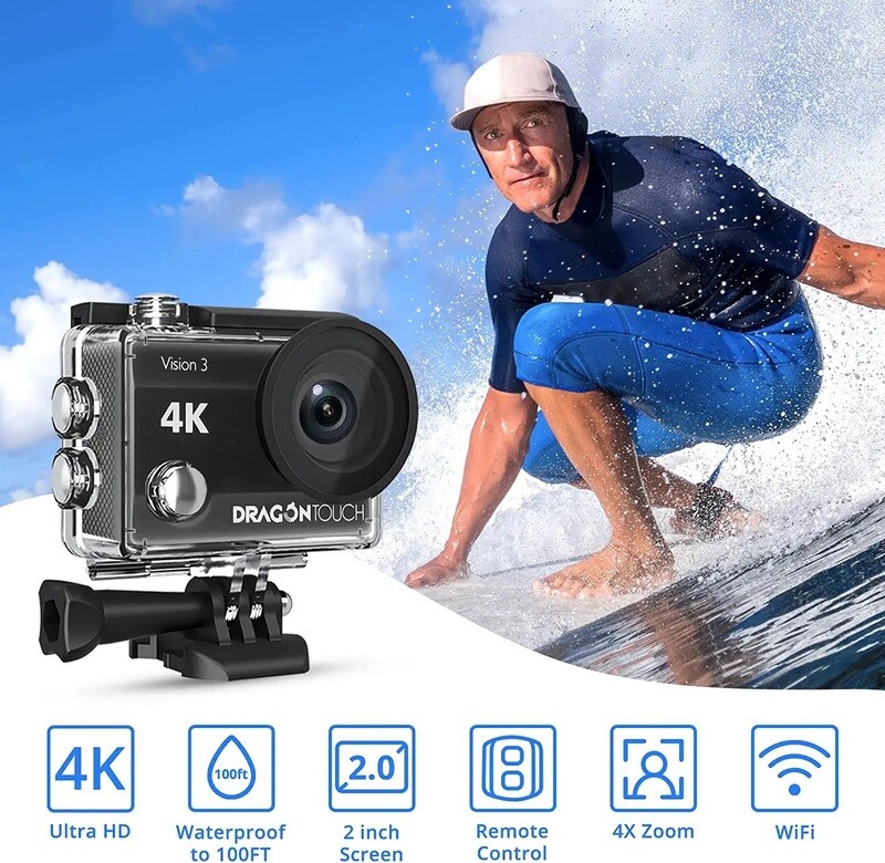 Dragon Touch 4K Action Camera 20MP Vision 3 Ultra HD Underwater 100FT