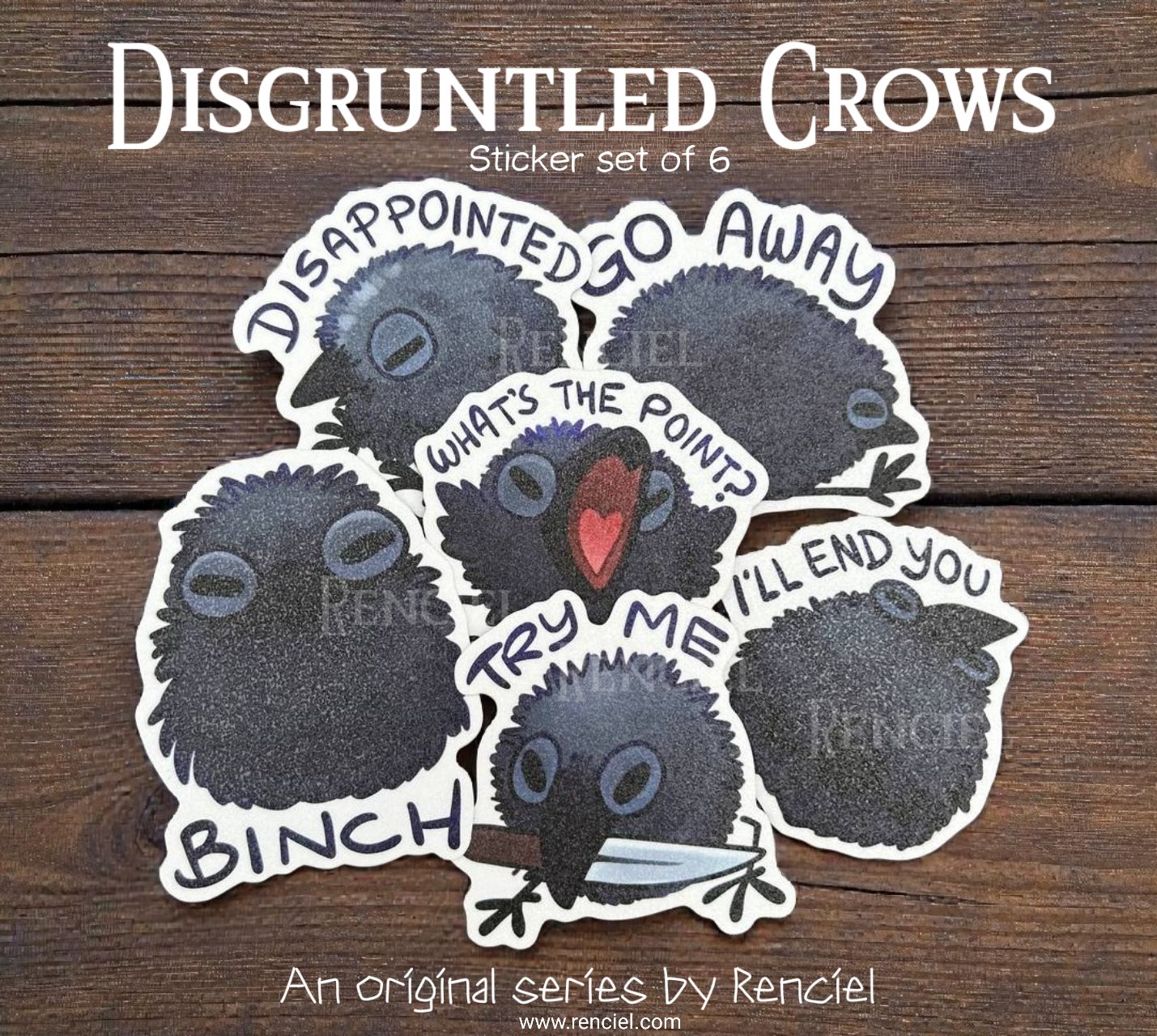 Disgruntled Crow Sticker Pack: Glittery Waterproof Decals for Laptops, Water Bottles
