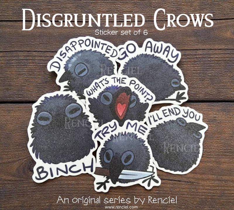 Disgruntled Crow Sticker Pack: Glittery Waterproof Decals for Laptops, Water Bottles