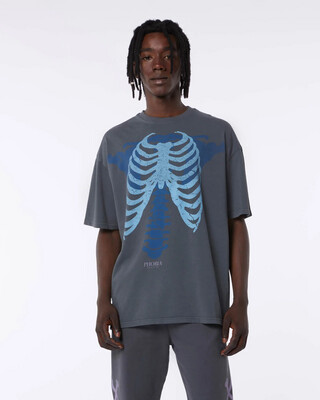 T-shirt Phobia grigia grafica skeleton washed  azzurro