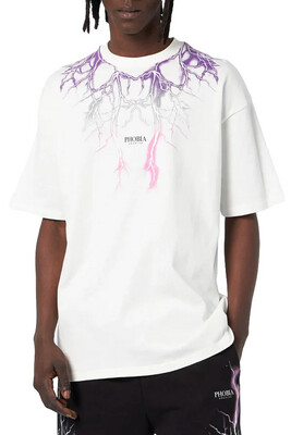 T-shirt Phobia bianca grafica fulmini viola e grigi