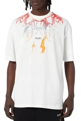 T-shirt Phobia bianca grafica fulmini rossi e grigi