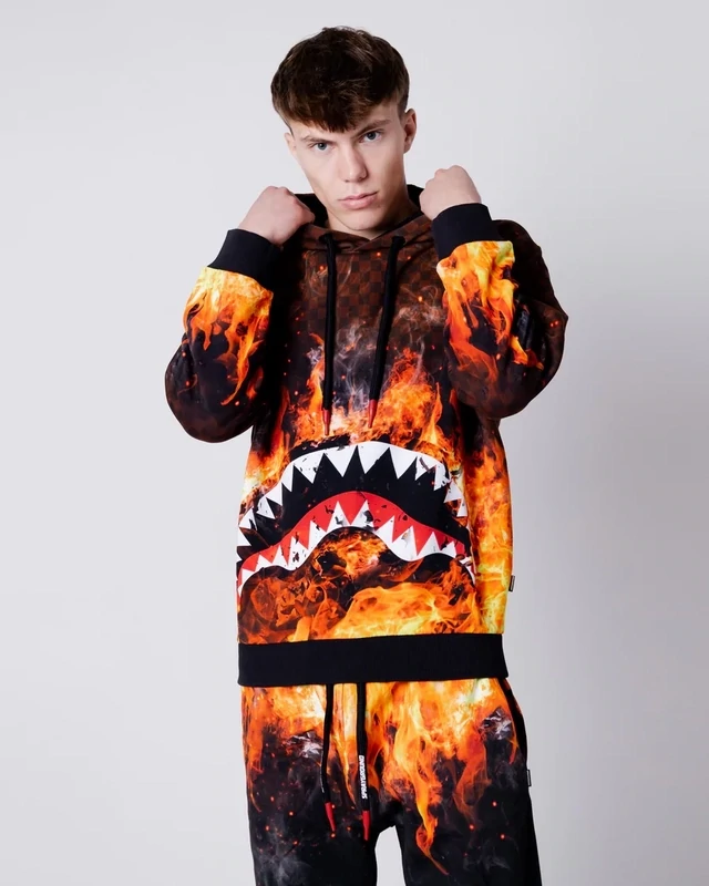 FELPA CON CAPPUCCIO SPRAYGROUND SHARK ON FIRE MARRONE