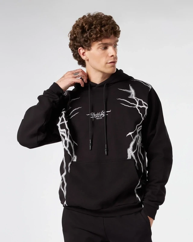 BLACK HOODIE WITH LIGHTNING GREY PRINT PHOBIA