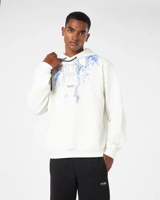 WHITE HOODIE WITH BLUE AND GREY LIGHTNING PRINT