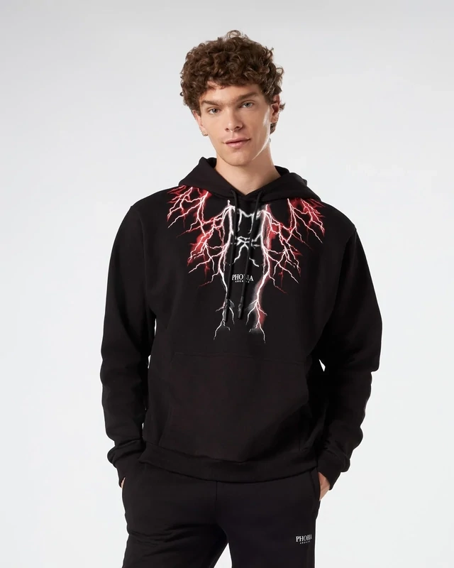 BLACK HOODIE WITH RED AND GREY LIGHTNING PRINT PHOBIA