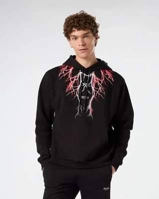 BLACK HOODIE WITH RED AND GREY LIGHTNING PRINT