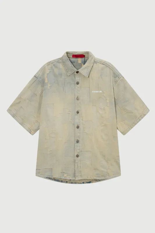 Acupuncture patch work shirt rusty blue