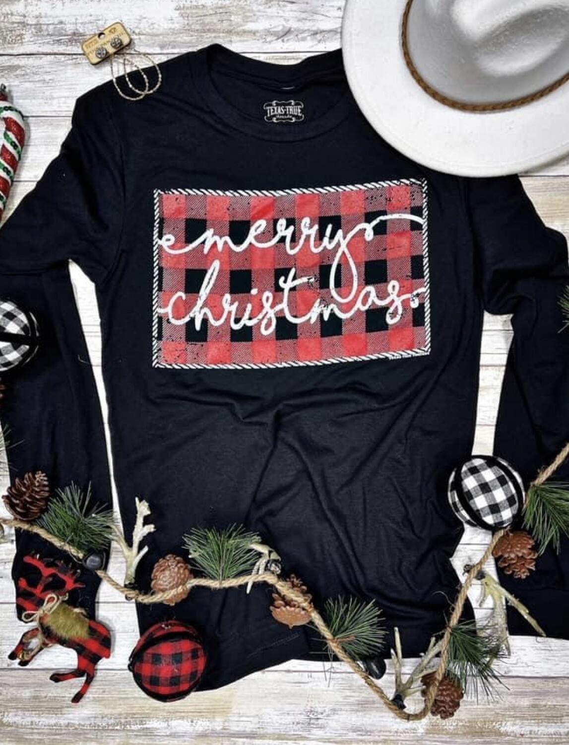 Merry Christmas with Buffalo Plaid Long sleeve tee