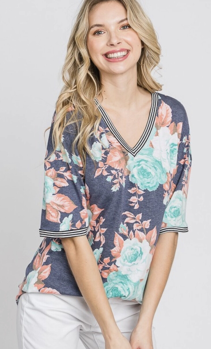 Heimish floral top with stripe printed stitch