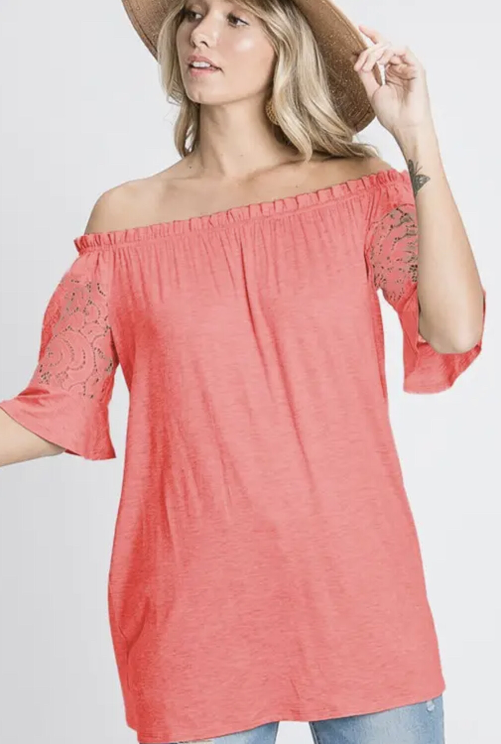 HEIMISH SOLID AND LACE TOP WITH OFF SHOULDER