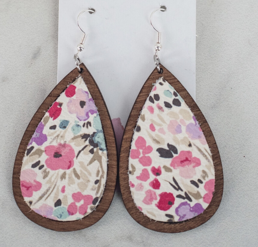 Dreamy Floral Leather & Wood Teardrop dangle earrings