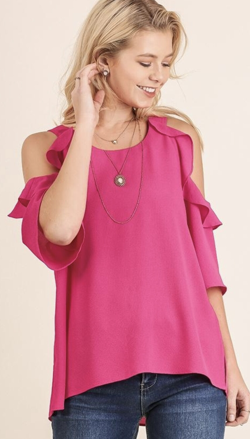 Umgee Cold Shoulder Blouse w/Ruffle/Hot Pink