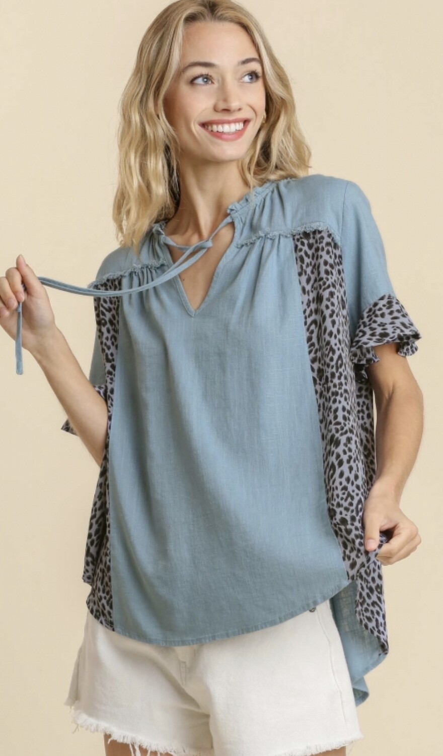 Umgee Linen Blend Animal Print ruffle sleeve top