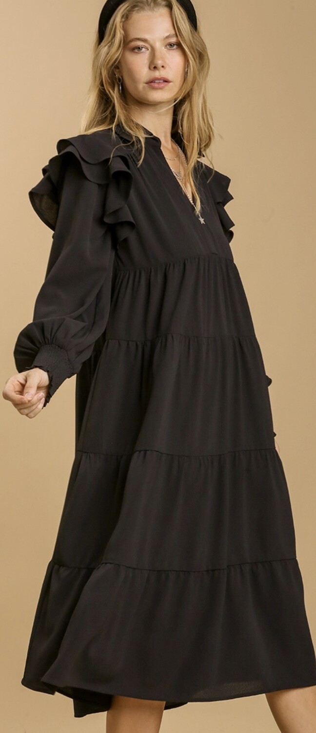 Umgee V-Neck Collared Ruffle L/S Tiered Maxi Dress