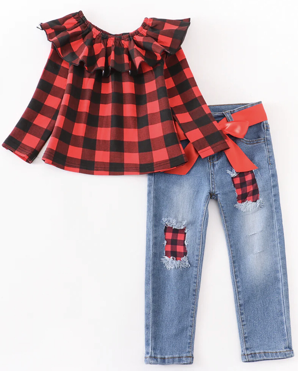 Red and Plaid top and Jeans set