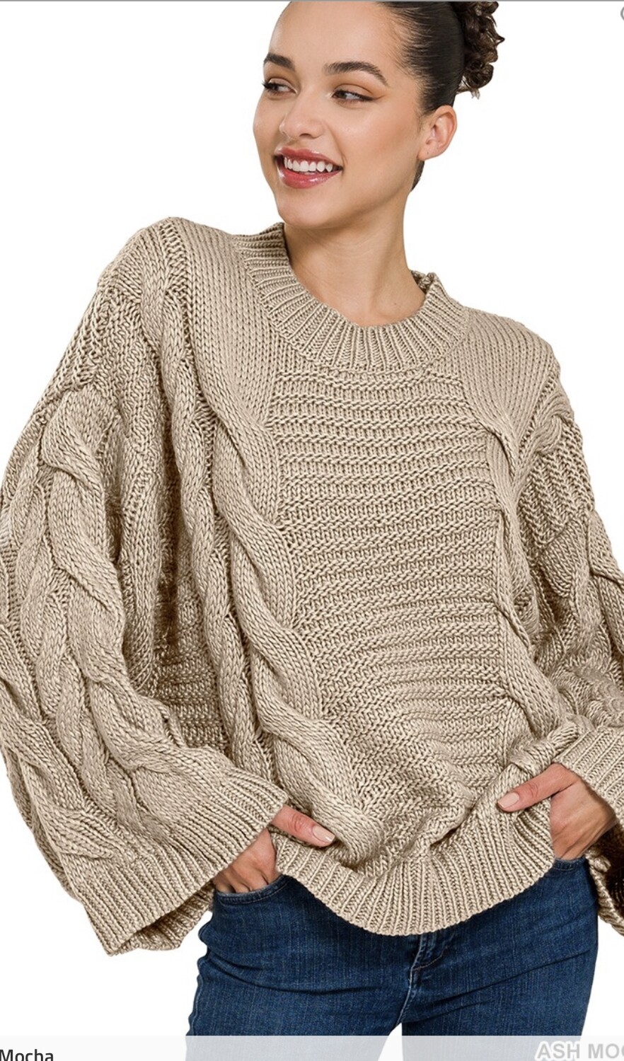 Zenana oversized bell sleeve cable knit sweater