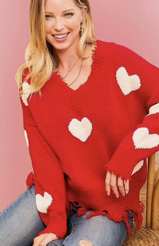 Heart Print Distressed Long sleeve Vneck Sweater