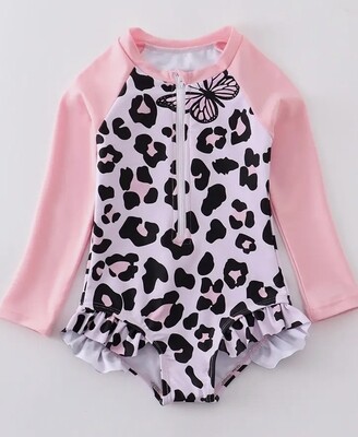 Pink Leopard butterfly ruffle girl’s swimsuit