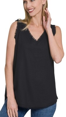 ZENANA LINEN PRE-WASHED FRAYED EDGE V-NECK TANK
