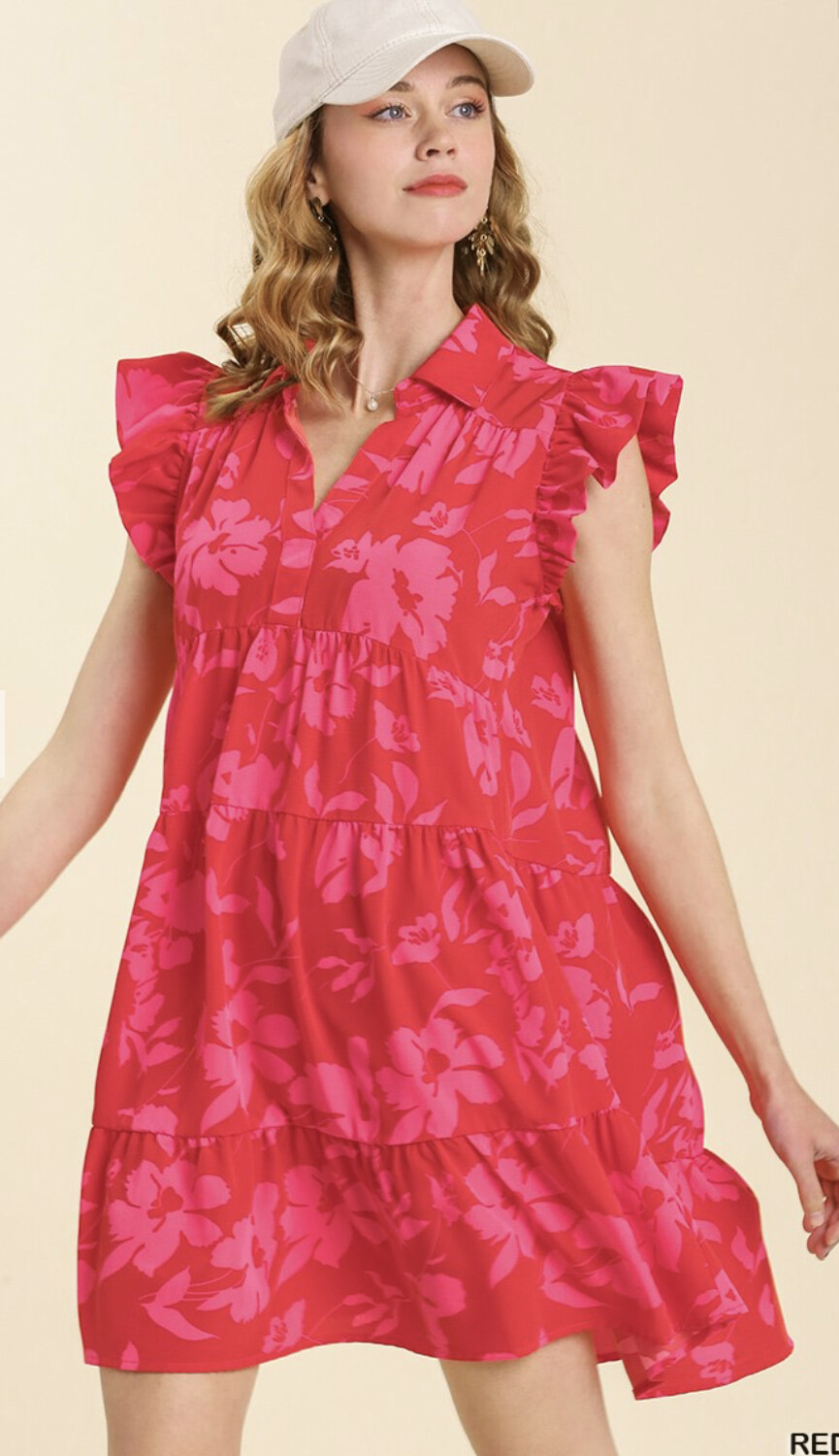 Umgee Floral Print Collar Tiered Dress/Red