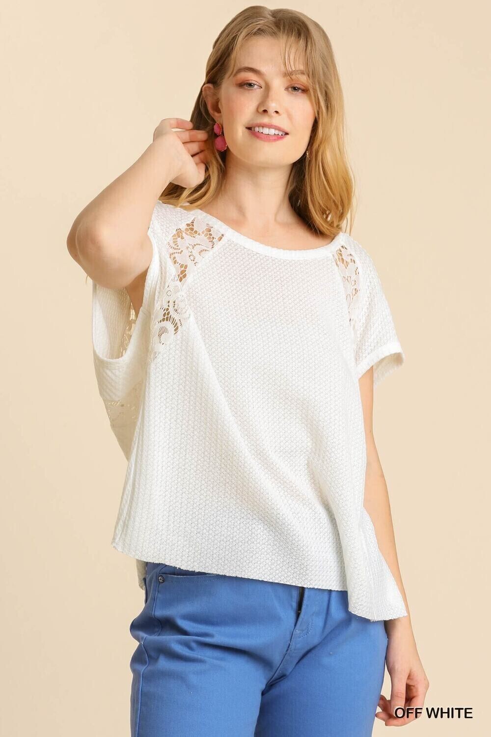 Umgee Sheer Lace Detail Round Neck S/S Waffle Knit