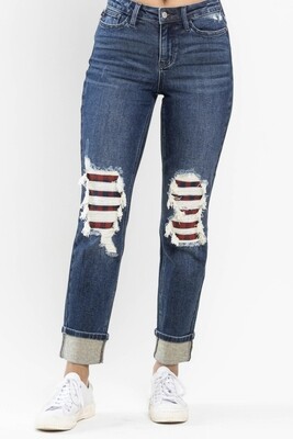 Judy Blue MidRise plaid knee destroy cuff BF jeans