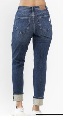 Judy Blue MidRise plaid knee destroy cuff BF jeans