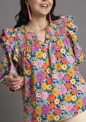 Umgee Multicolor Flower Print V-Notched Plus Top