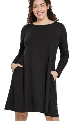 Zenana long sleeve plus flare dress w/side pockets