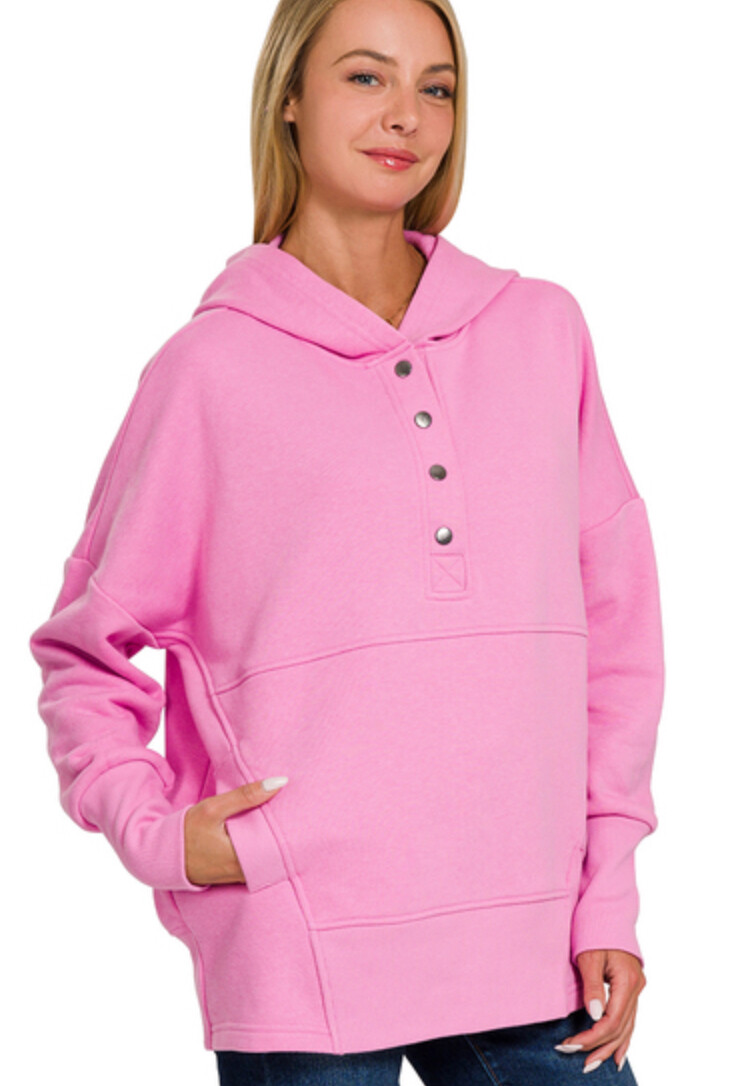 Zenana Half Button Fleece Hooded Pullover