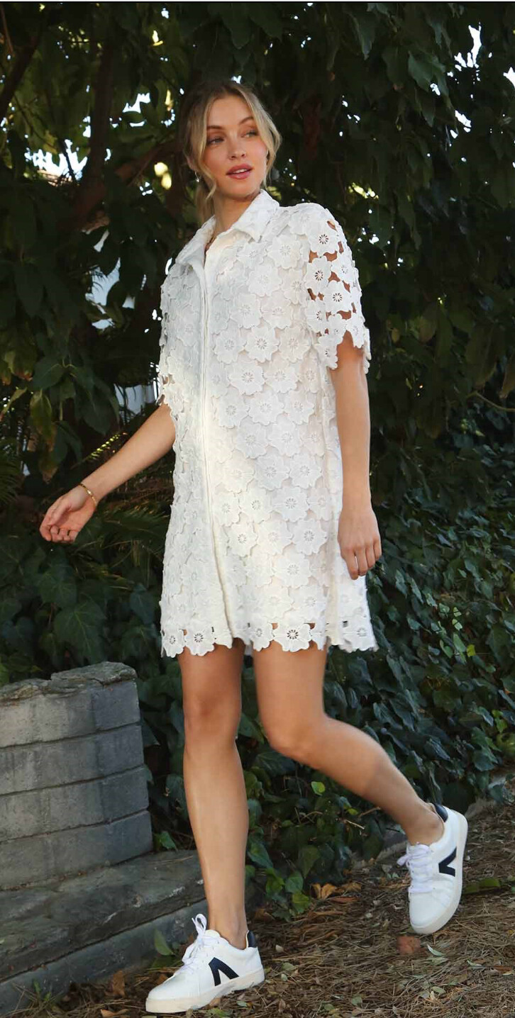 Umgee Floral Lace Button Down Collared A-dress