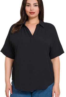 ZENANA PLUS WOVEN AIRFLOW COLLARED V-NECK SS TOP