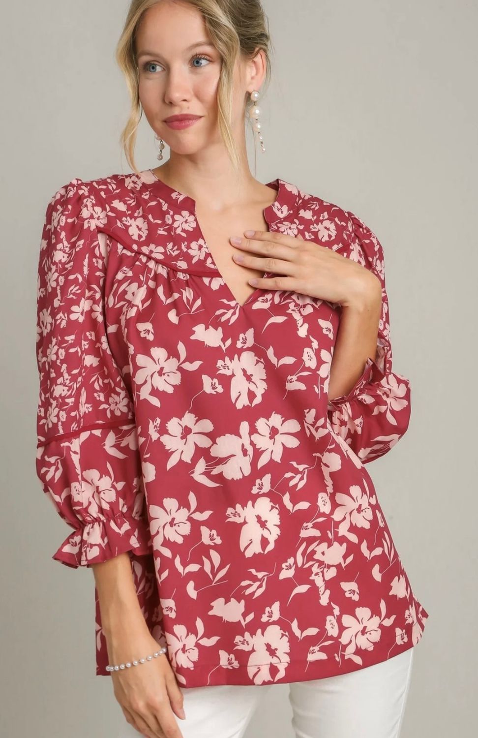 Umgee Two Tone Floral Print Mixed top