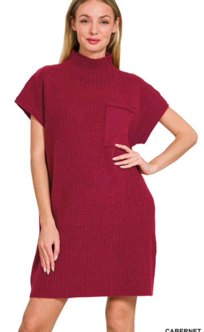 ZENANA MOCK NECK SHORT SLEEVE SWEATER DRESS 