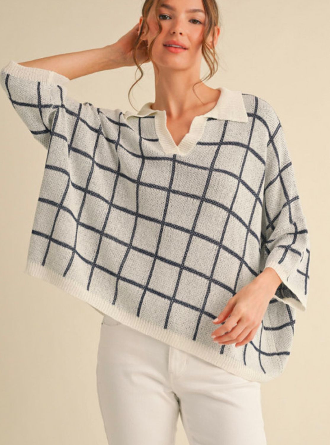 Jodifl Windowpane check knit pullover top