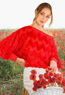 Fringe Detail Boatneck Long Sleeve Blouse