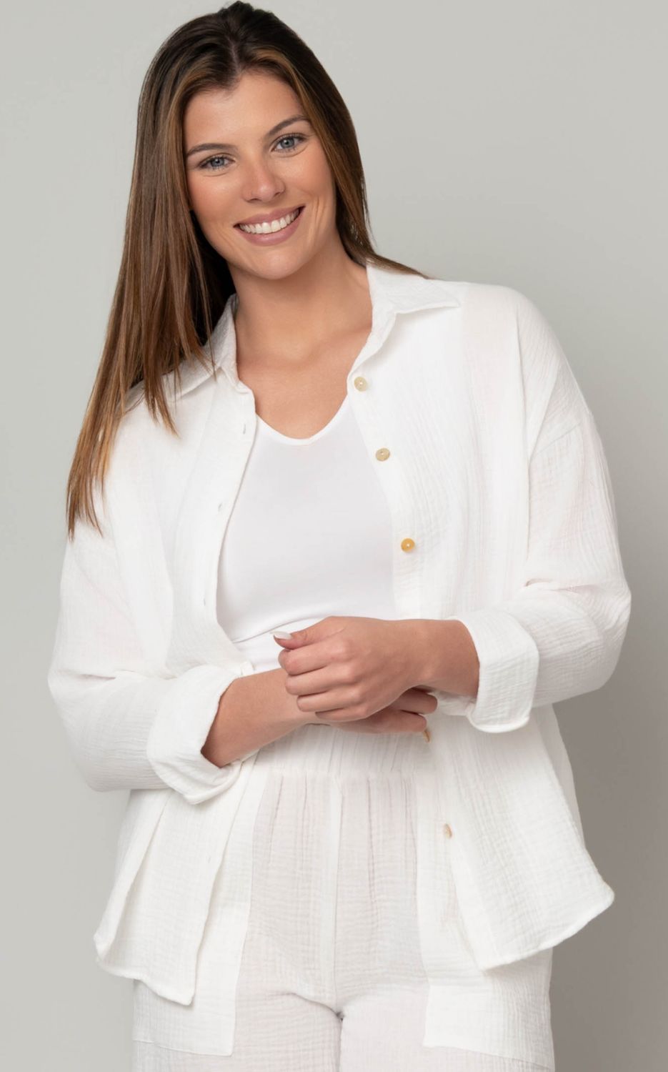 Akoya cotton gauze shell button front top