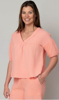 Gauze V-Neck Elbow Puff Sleeve Top