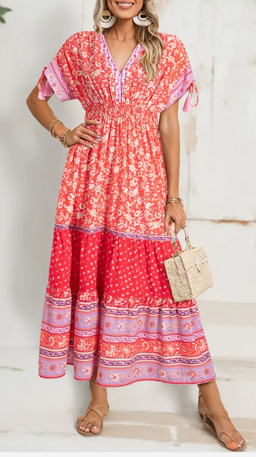 Floral Print Tasseled Sleeve red maxi Dress