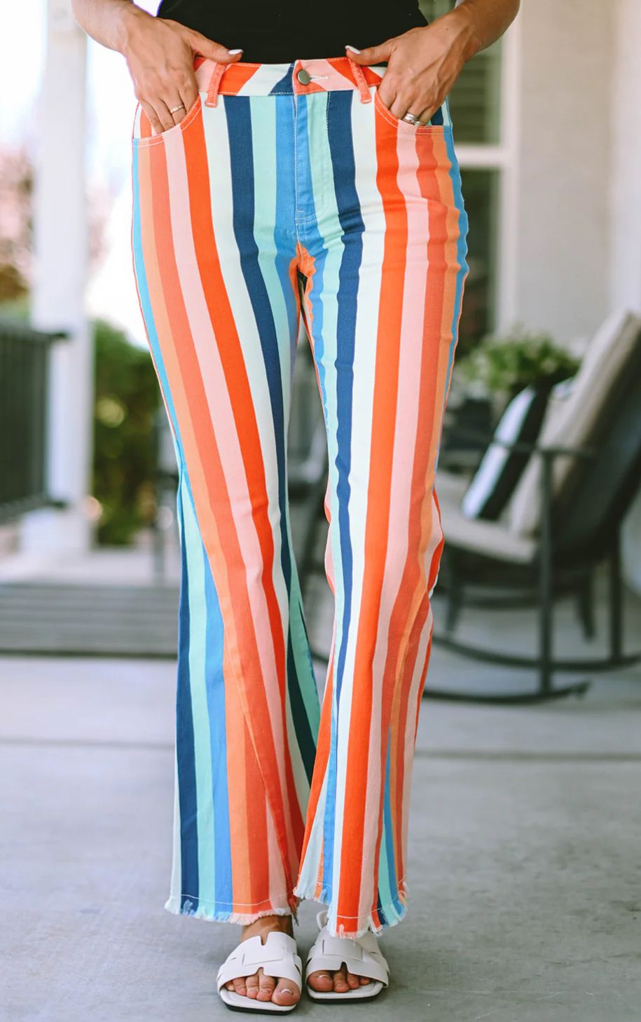 Multicolor Striped Raw Hem Flared bottom Denim