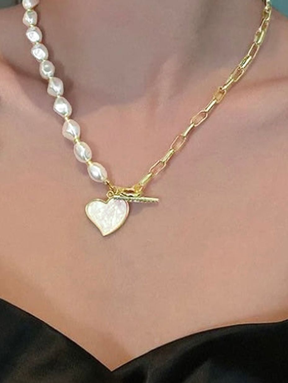 Gold Heart Shape Pendant Pearl Necklace