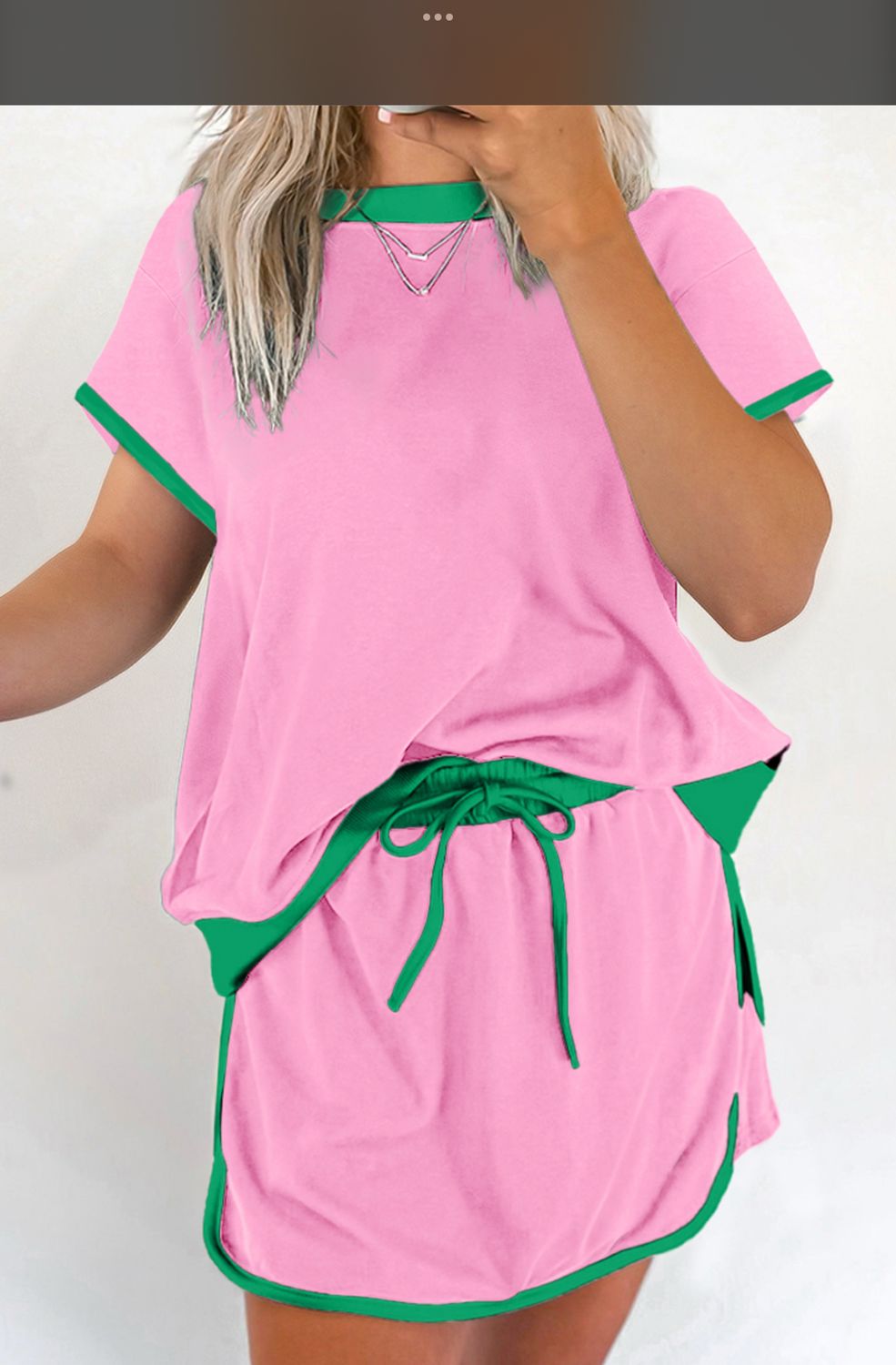  Colorblock Edge Drop shoulder 2 pc set