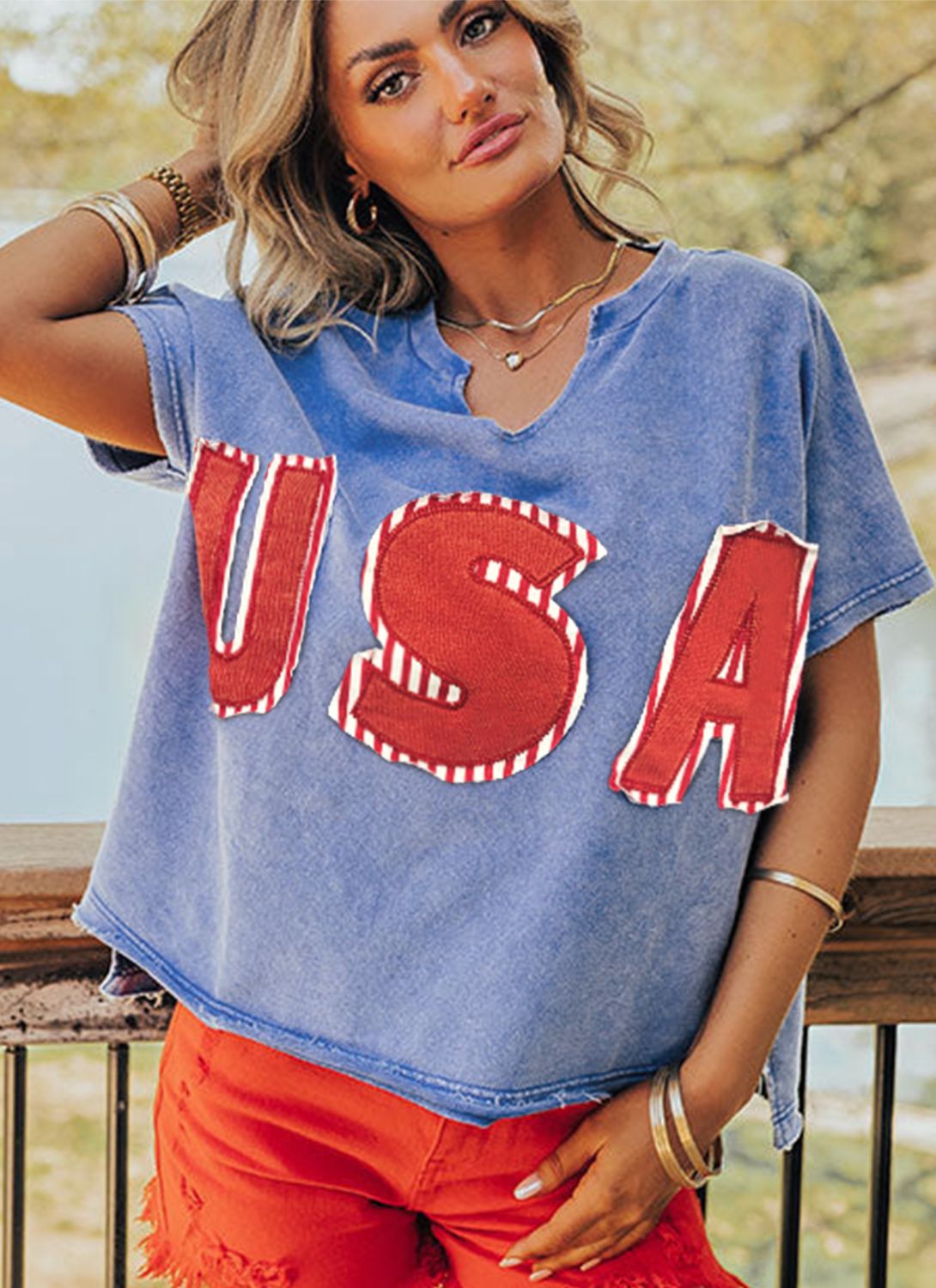USA Patch Mineral Wash Notch V Neck Vintage Shirt