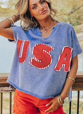USA Patch Mineral Wash Notch V Neck Vintage Shirt
