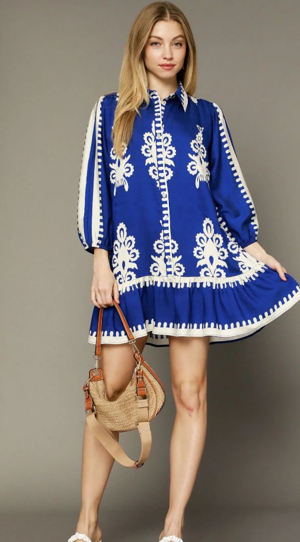Umgee Border Print Tiered Hem Dress