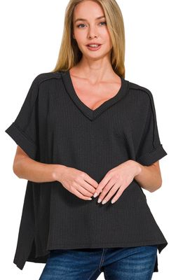 ZENANA CORDED RIB SHORT SLEEVE HI-LOW V NECK TOP