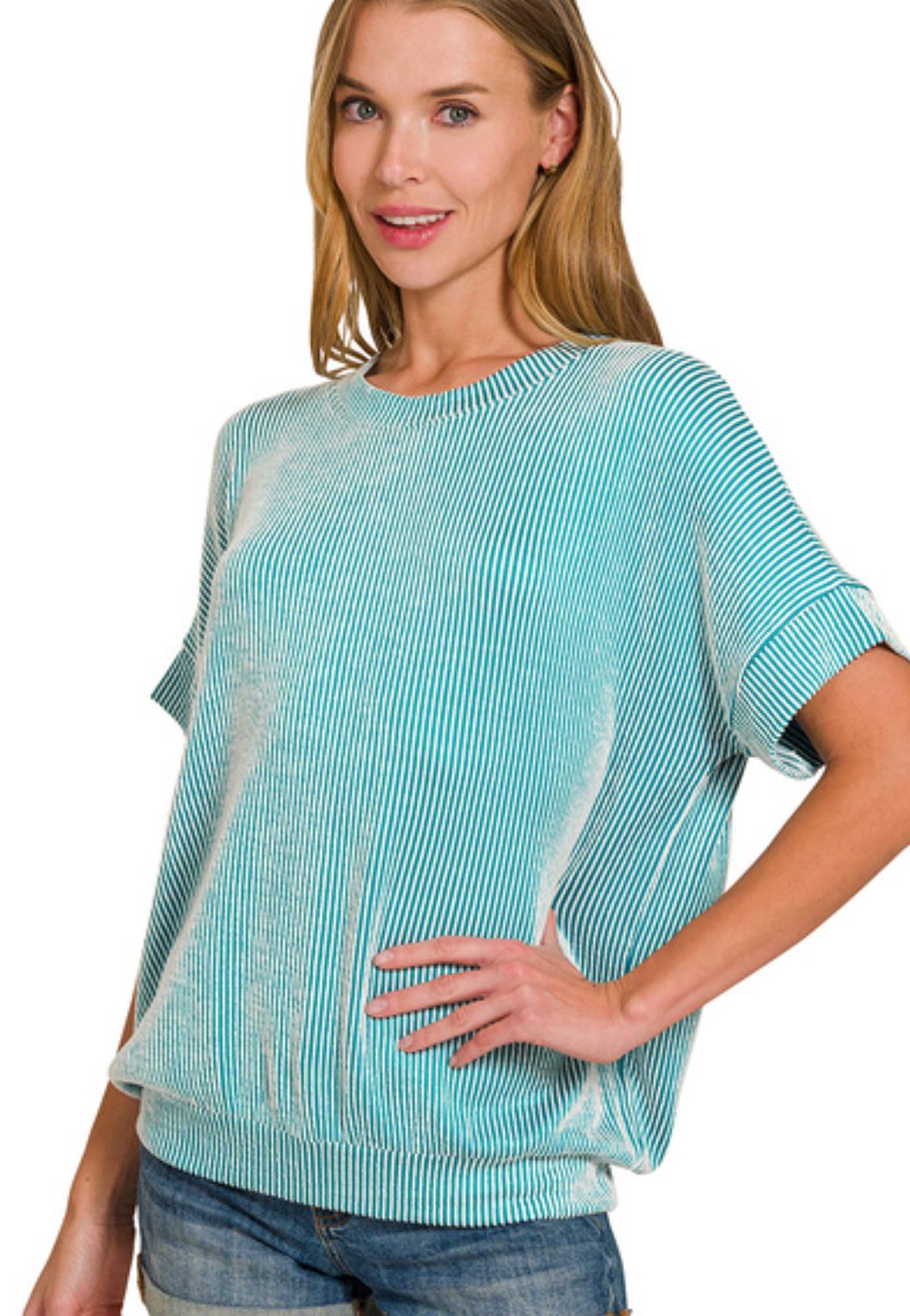 ZENANA CORDED RIB SHORT SLEEVE TOP